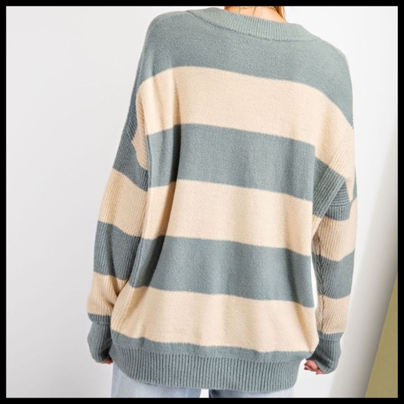 EASEL Wide Striped Sweater Ribbed Hems Wide Neckline Long Loose Fit Tunic Style - Picture 5 of 14